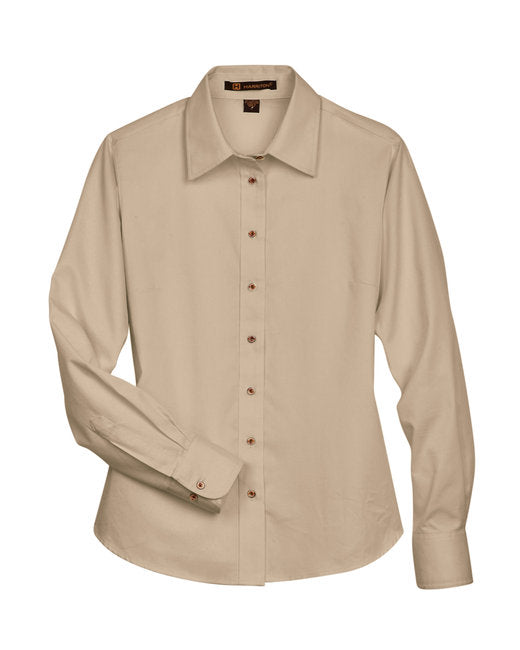 Custom Embroidered Harriton Ladies' Easy Blend™ Long-Sleeve Twill Shirt with Stain-Release